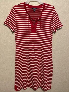 Chaps Red & White Striped Lace-Up Knit Dress